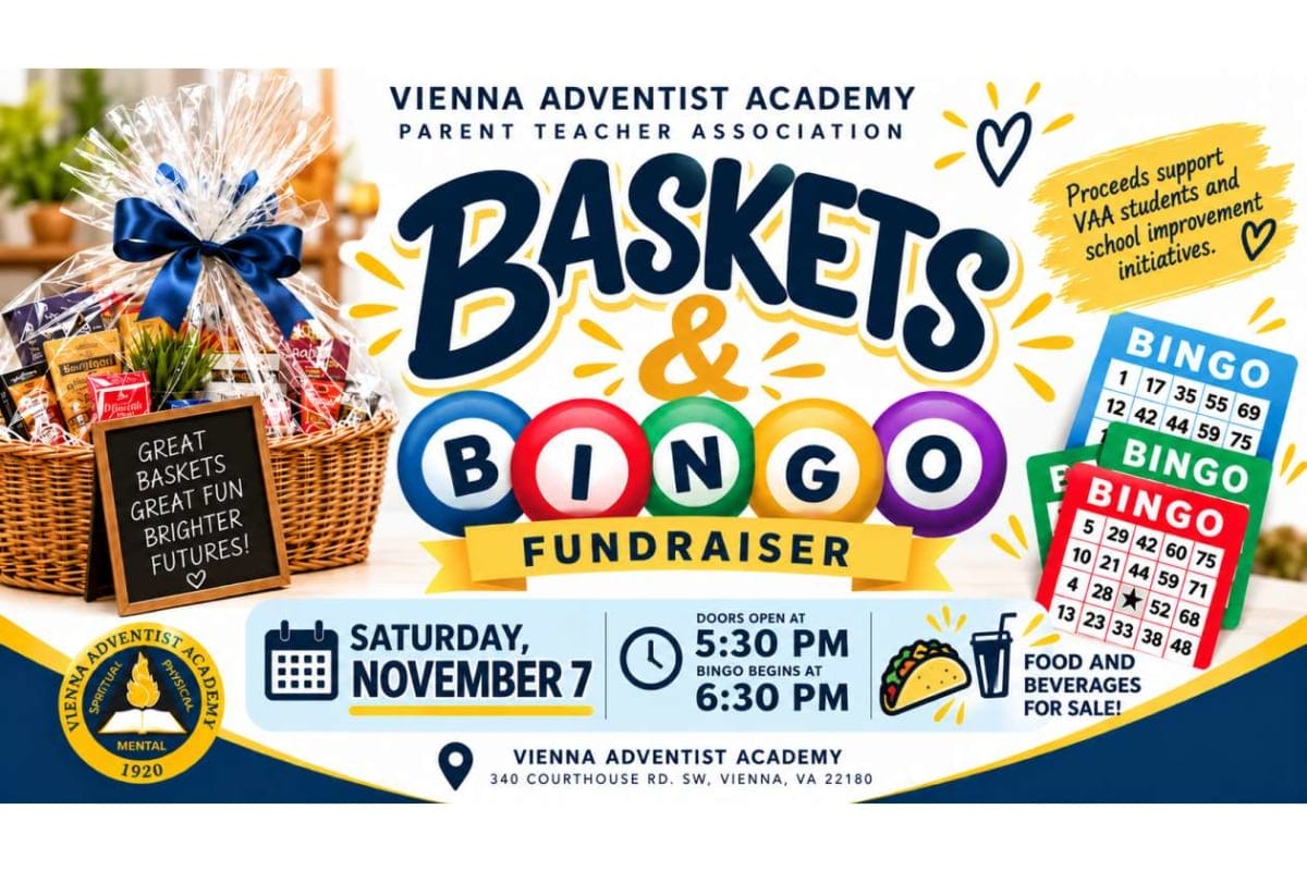 Bright fundraiser poster for Vienna Adventist Academy: gift basket, 'Baskets & Bingo' title, bingo cards, and date/time (Sat Nov 7; doors 5:30 PM; bingo 6:30 PM).