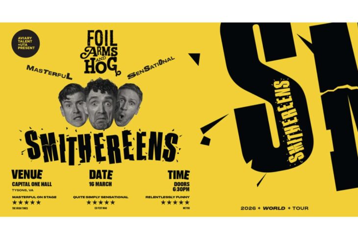 Yellow promotional poster for the Smithereens show featuring three comedian heads and bold typography, with venue, date and time details at the bottom (Capital One Hall, Tysons VA; 16 March; doors 6:30 PM).