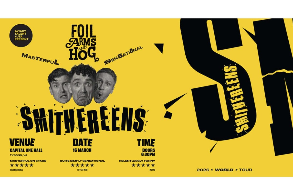 Yellow promotional poster for the Smithereens show featuring three comedian heads and bold typography, with venue, date and time details at the bottom (Capital One Hall, Tysons VA; 16 March; doors 6:30 PM).