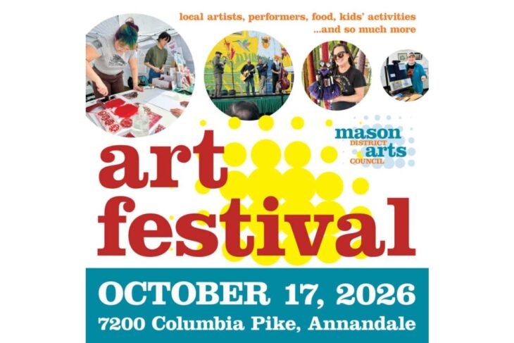 Poster for a Mason District Arts Council art festival, with circular artist photos above large red 'art festival' text and a teal banner showing October 17, 2026 and the address 7200 Columbia Pike, Annandale.