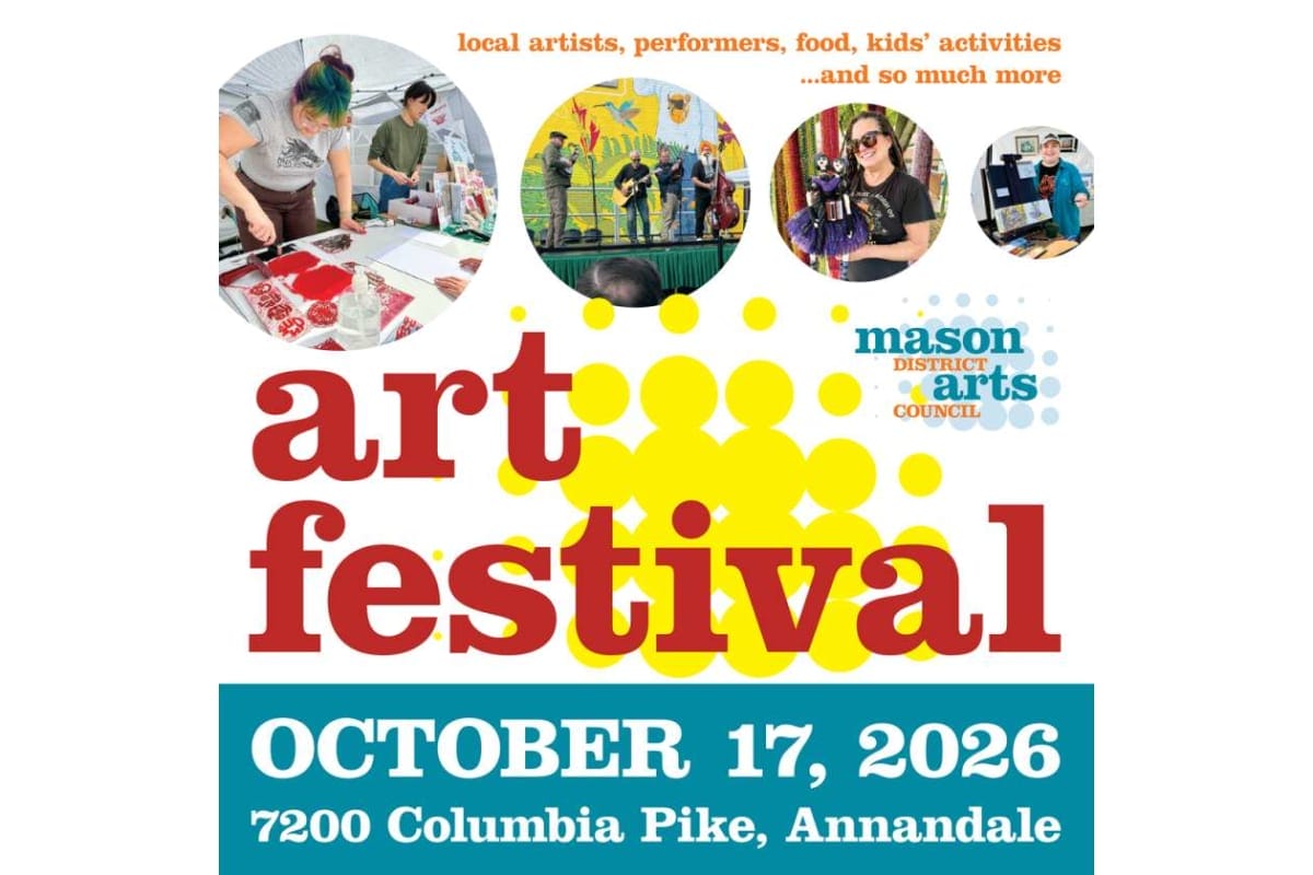 Poster for a Mason District Arts Council art festival, with circular artist photos above large red 'art festival' text and a teal banner showing October 17, 2026 and the address 7200 Columbia Pike, Annandale.