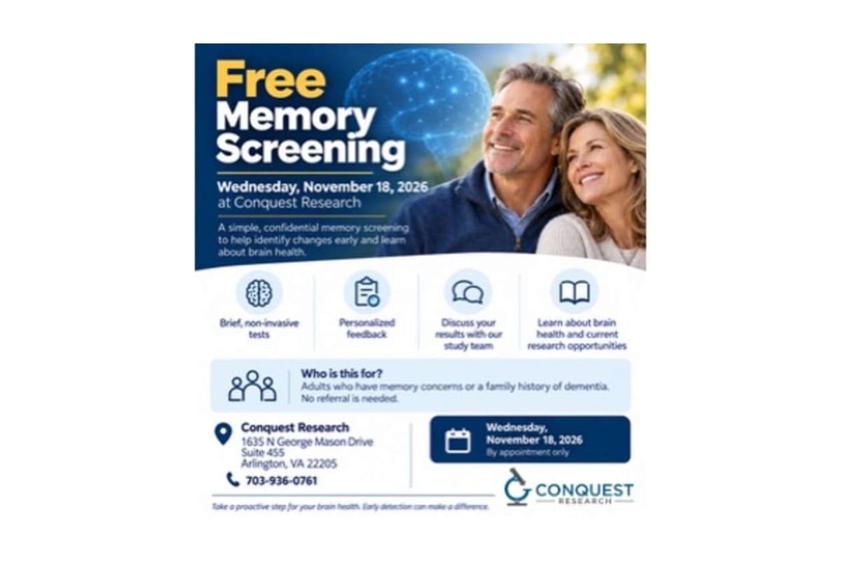 Flyer for free memory screening featuring a smiling couple, with date November 18, 2026 at Conquest Research.