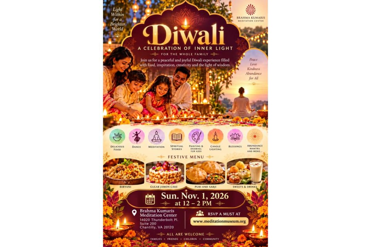 Diwali festival poster with a family lighting lamps, festive menu icons, and event details for Nov 1, 2026 at Brahma Kumaris Meditation Center in Charllottly, VA.