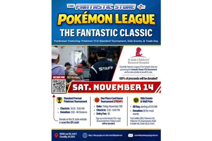 Poster for The Fantastic Store's Pokemon League fundraiser, date Saturday November 14, with proceeds benefiting St. Jude Children's Research Hospital and QR code for more info