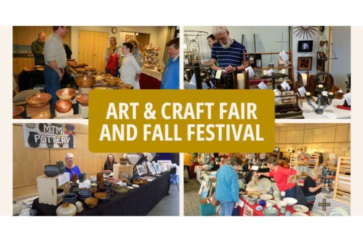 Collage of pottery, bowls, and craft booths with visitors at an Art & Craft Fair and Fall Festival, featuring a large yellow banner in the center reading the event name.