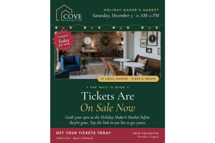 Promotional poster for Cove Collective Holiday Maker's Market: Tickets are on sale now; event is Saturday, Dec 5 from 11 AM–2 PM in Herndon, Virginia.