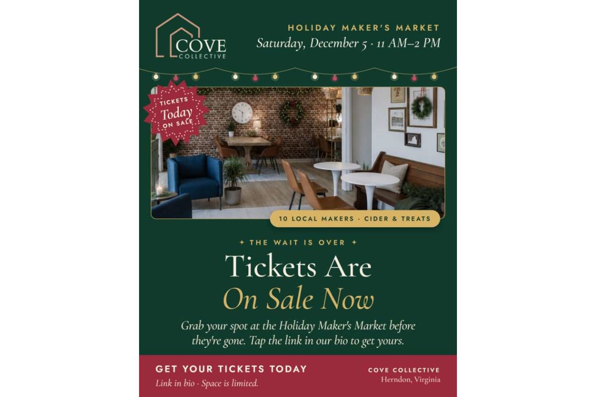 Promotional poster for Cove Collective Holiday Maker's Market: Tickets are on sale now; event is Saturday, Dec 5 from 11 AM–2 PM in Herndon, Virginia.