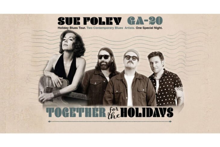 Promotional poster of four blues musicians posing together with 'Together for the Holidays' text at the bottom and 'Sue Foley' at the top.