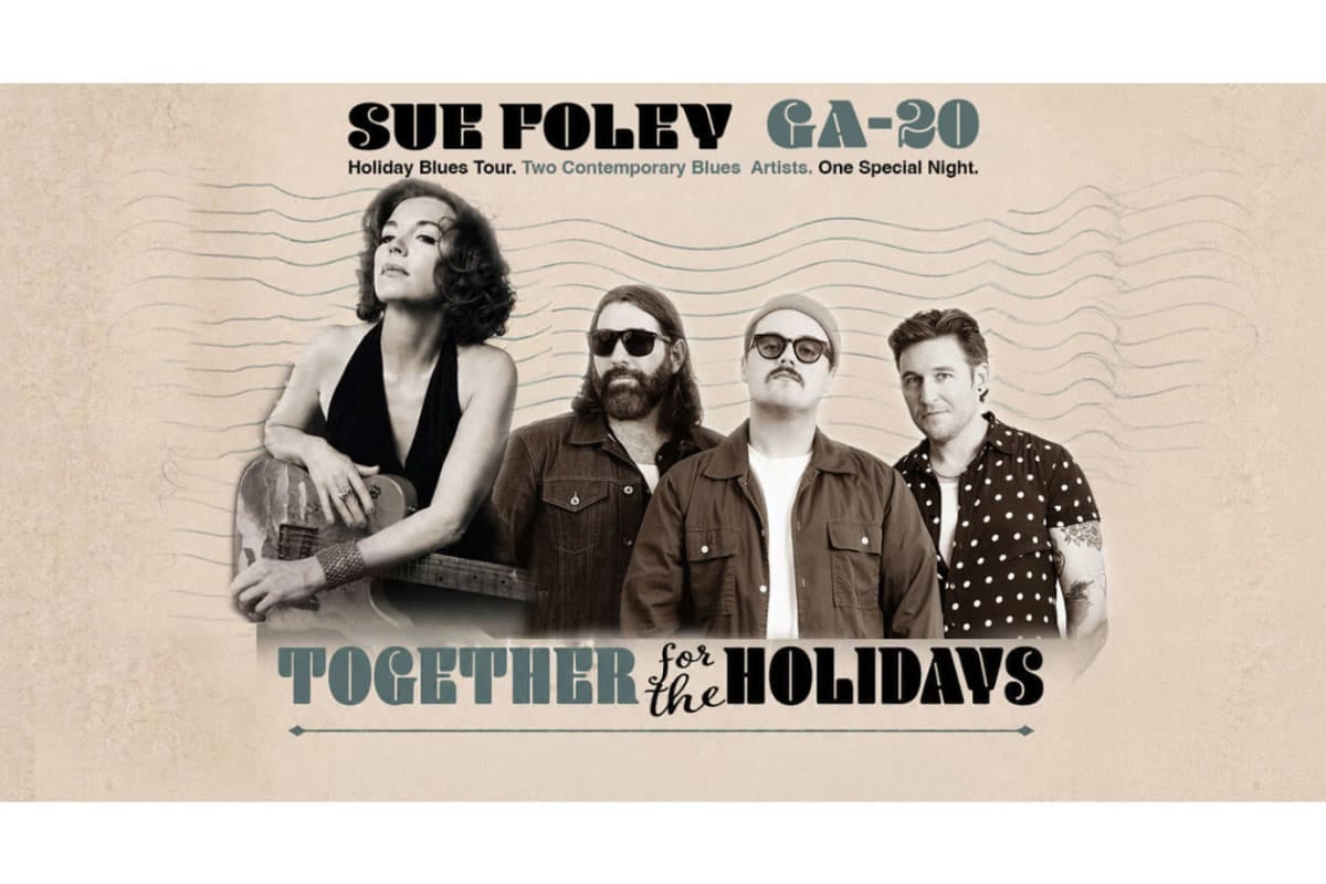 Promotional poster of four blues musicians posing together with 'Together for the Holidays' text at the bottom and 'Sue Foley' at the top.