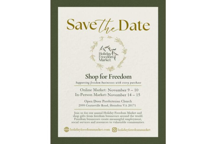 Save the Date flyer for Holiday Freedom Market with a gold 'Save the Date' headline, wreath logo, and event details: online Nov 9–10; in-person Nov 14–15 at Open Door Presbyterian Church in Herndon, VA.