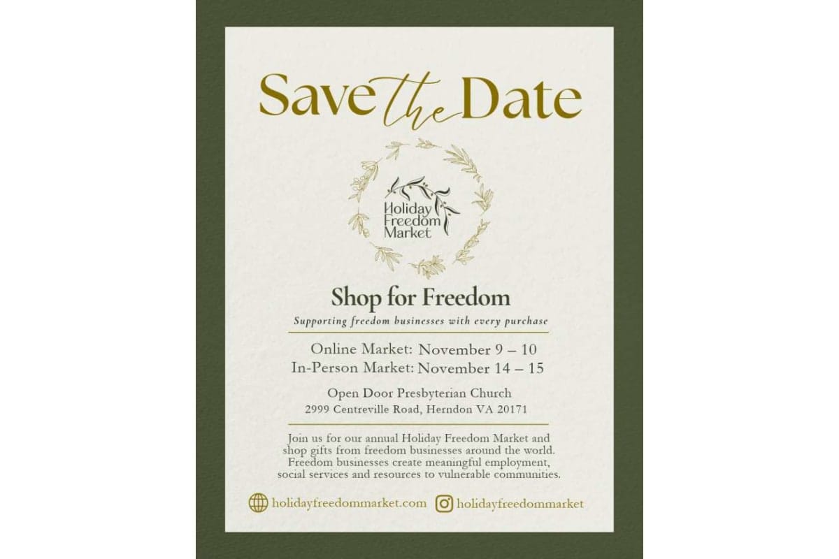 Save the Date flyer for Holiday Freedom Market with a gold 'Save the Date' headline, wreath logo, and event details: online Nov 9–10; in-person Nov 14–15 at Open Door Presbyterian Church in Herndon, VA.