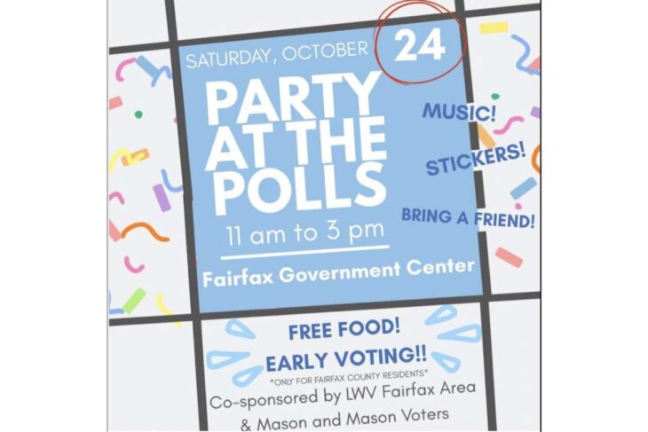 Flyer for 'Party at the Polls' event at Fairfax Government Center, Oct 24, 11 am–3 pm, with music, stickers, and free food.