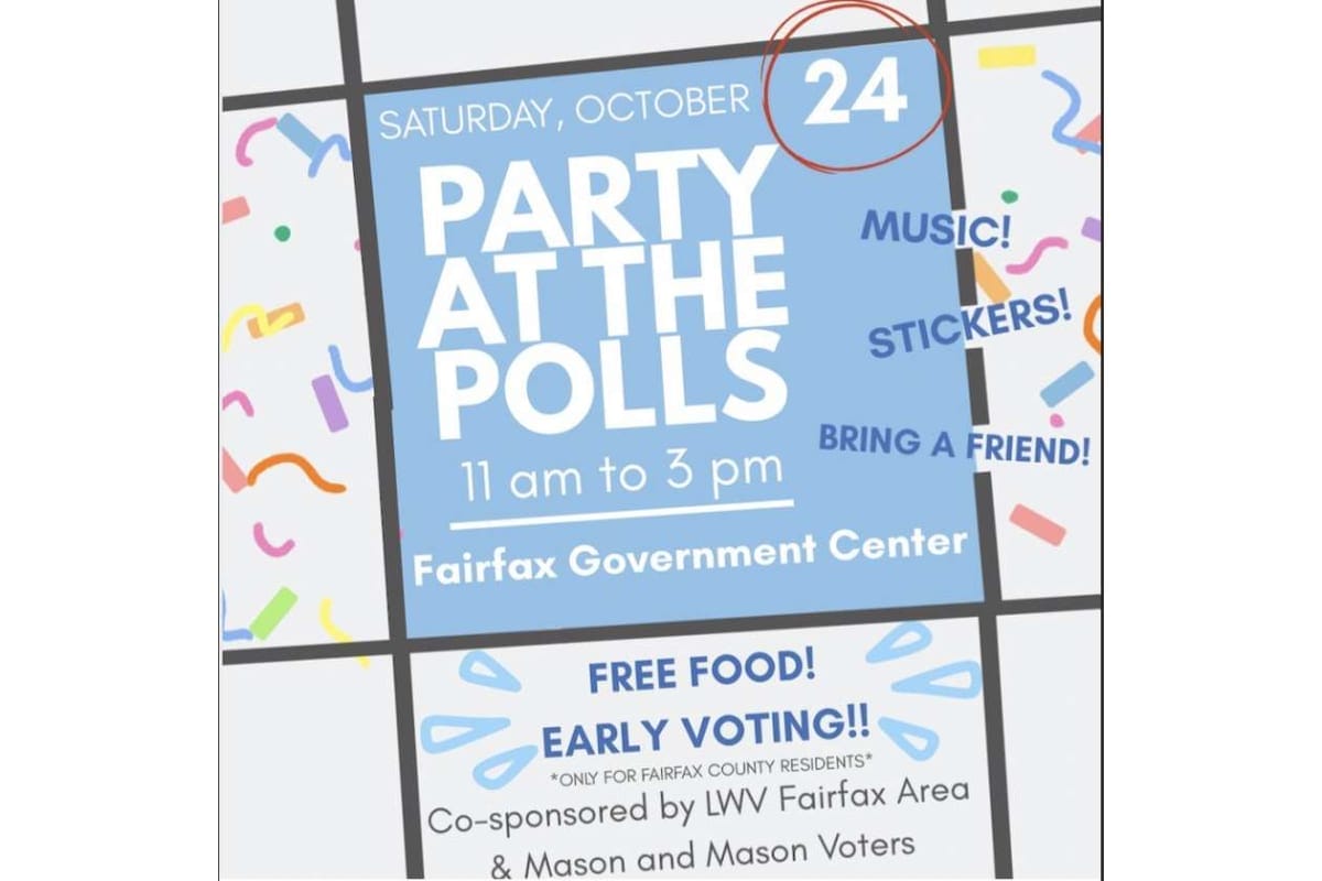 Flyer for 'Party at the Polls' event at Fairfax Government Center, Oct 24, 11 am–3 pm, with music, stickers, and free food.