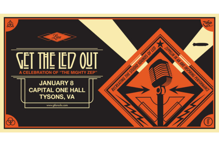 Get the Led Out concert poster: January 8 at Capital One Hall, Tysons, VA, with retro orange–black design and microphone motif.