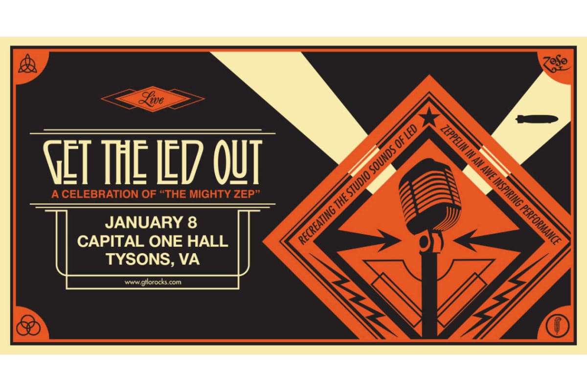 Get the Led Out concert poster: January 8 at Capital One Hall, Tysons, VA, with retro orange–black design and microphone motif.