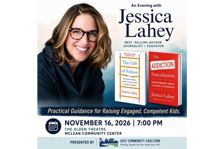 Event poster for Jessica Lahey with book covers 'The Gift of Failure' and 'The Addiction Inoculation'; includes date/time November 16, 2026 at 7:00 PM and venue Alden Theatre, McLean Community Center.