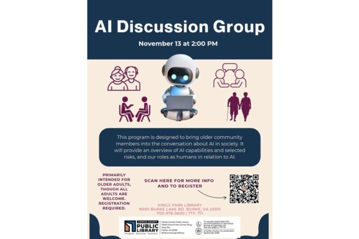 Poster for 'AI Discussion Group' with robot and people icons; date is November 13 at 2:00 PM, event details and signup QR code included.