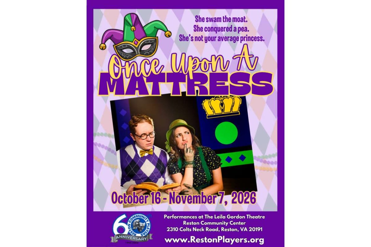 Poster for Once Upon a Mattress with two costumed actors, purple border, and date range October 16–November 7, 2026; venue details at the Leila Gordon Theatre.”] ,