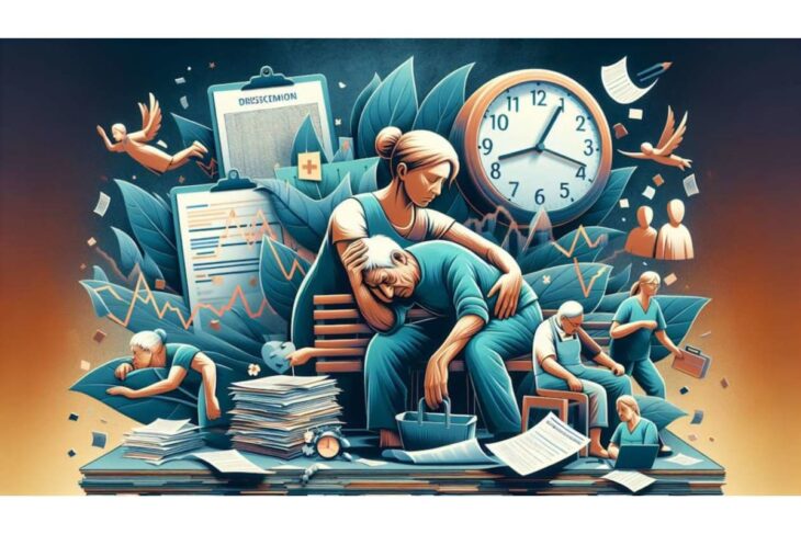 Overworked caregivers and elderly individuals surrounded by clocks and tall stacks of paperwork, conveying burnout and time pressure.