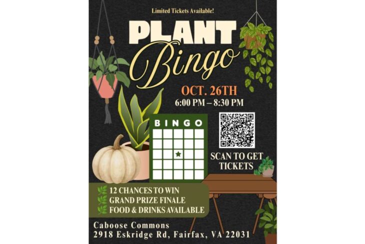 Plant Bingo event flyer with hanging plants, a pumpkin, bingo grid, and a QR code for tickets; date Oct. 26, 6–8:30 PM, limited tickets available.