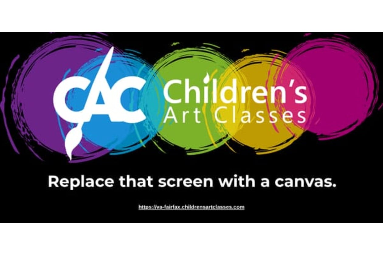 Banner for CAC Children's Art Classes with colorful overlapping circles and the slogan 'Replace that screen with a canvas.'